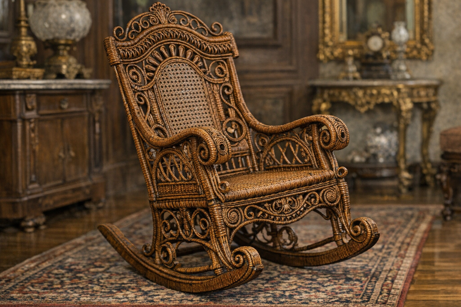 Old wicker rocking chair value reference with style, weave, frame, maker, age clues, repairs, photos, and condition