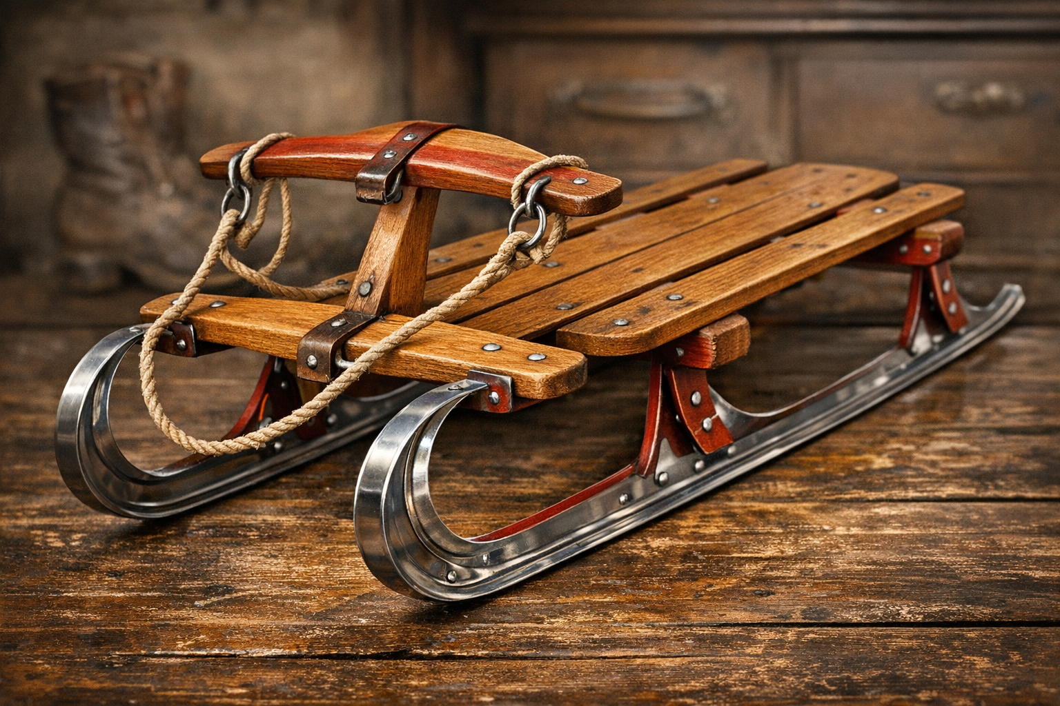 Old wooden sled value reference with maker, runners, paint, decals, hardware, size, photos, and condition