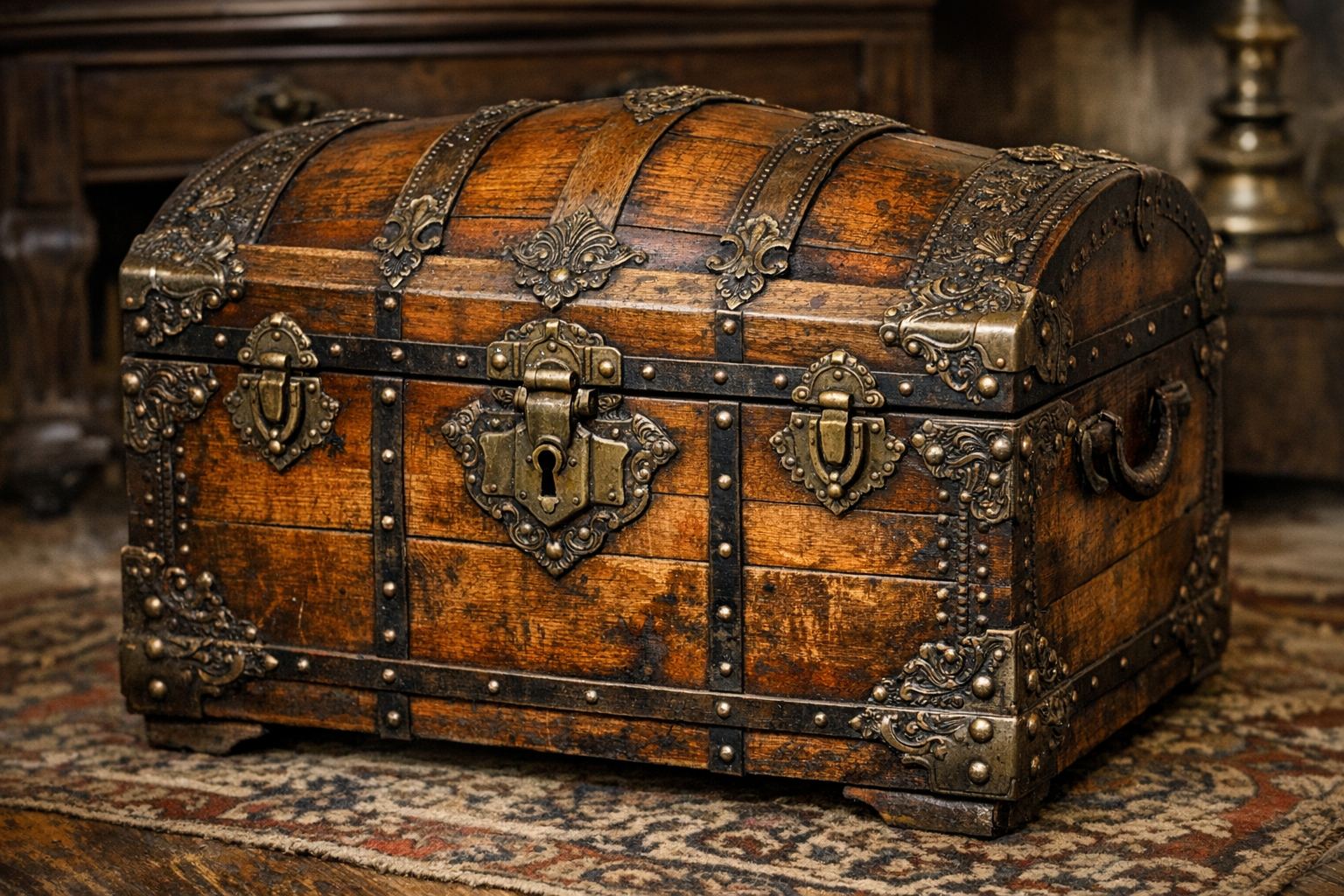 Old wooden trunk value reference with hardware, interior, labels, wood, leather, locks, photos, and condition