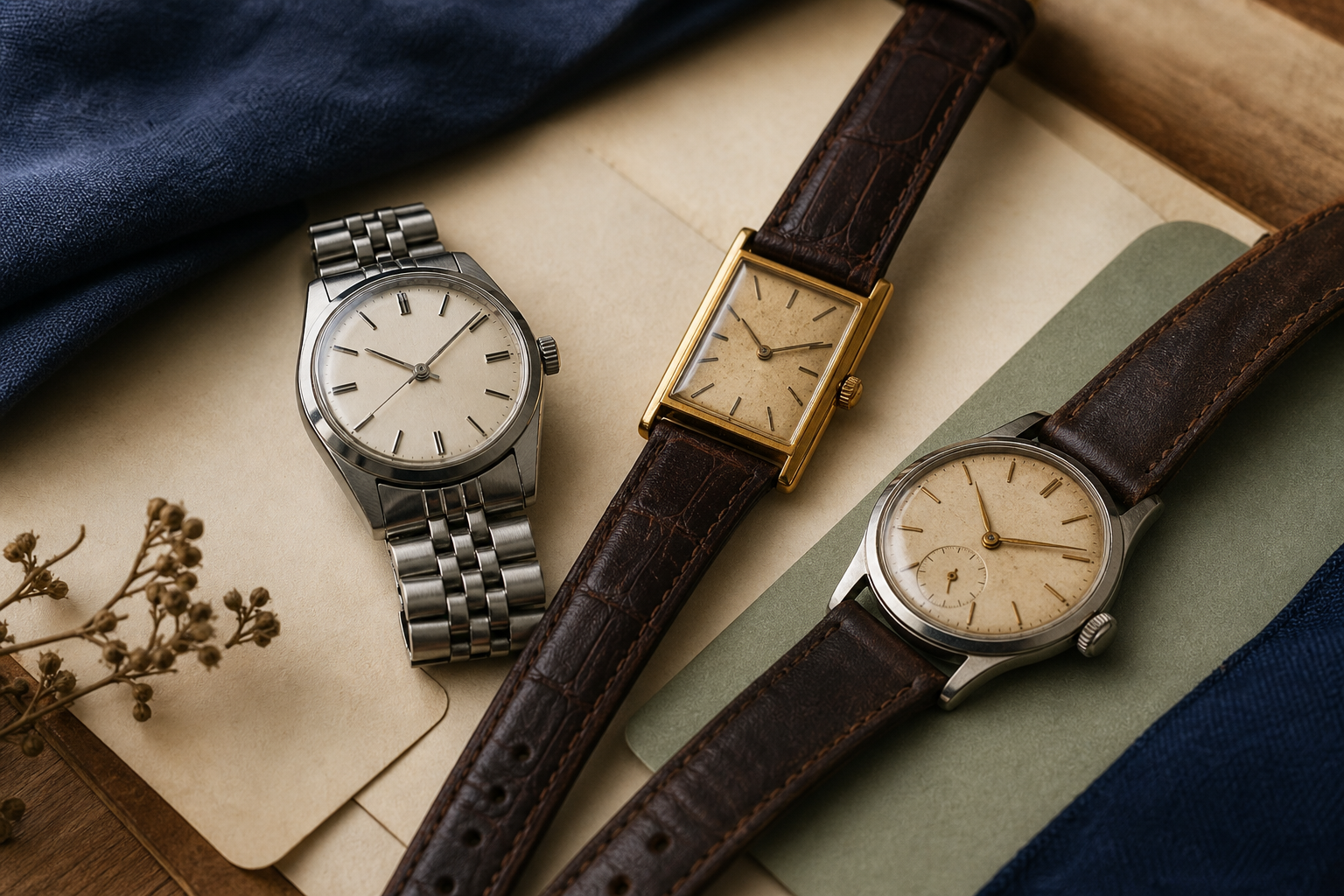 Generated editorial image of vintage wristwatches on archival appraisal papers