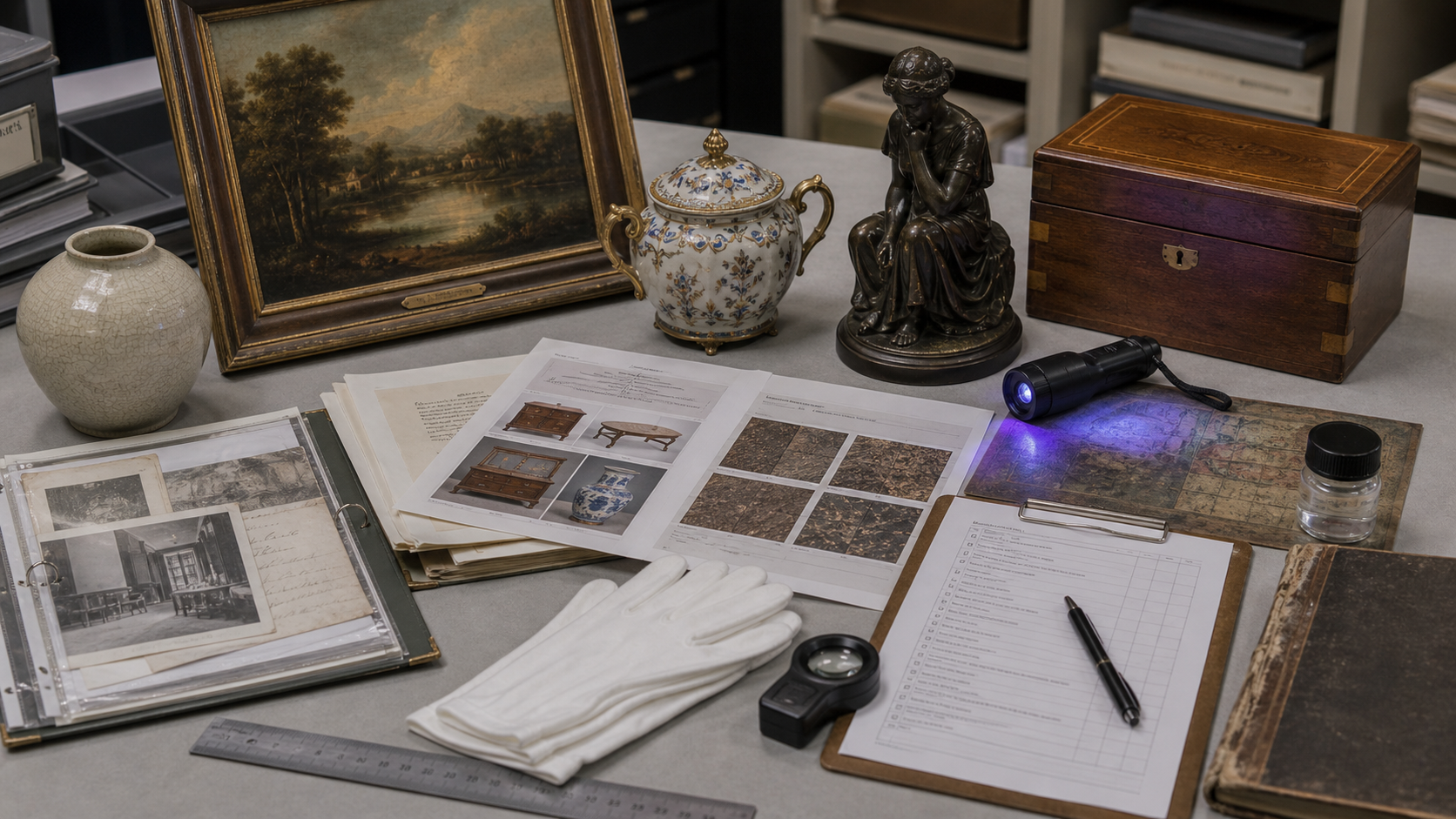 Mixed heirloom objects and framed artwork with UV flashlight, material notes, condition report, provenance file, and comparable sale cards.