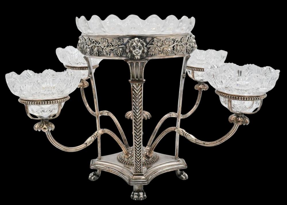 Mappin Brothers Victorian Sheffield silver plate epergne with cut glass bowls comp