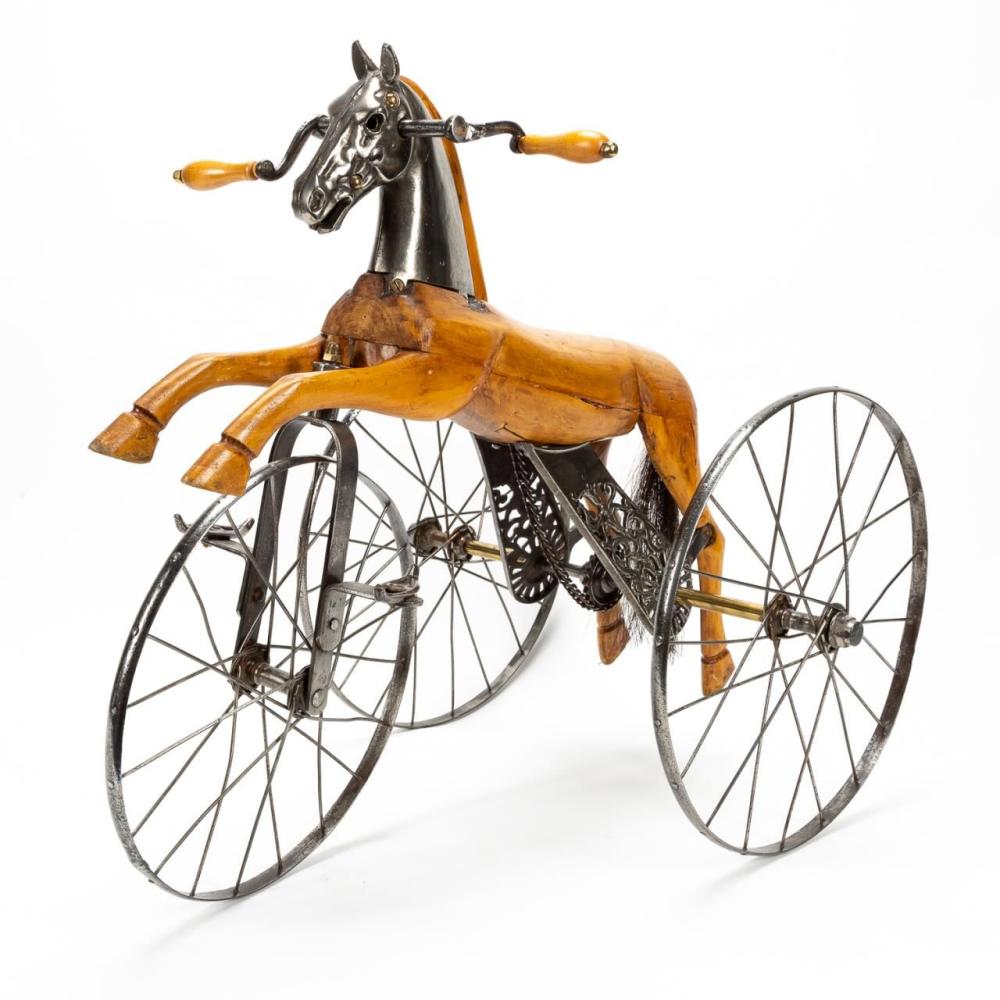 Late 19th century French toy horse velocipede tricycle auction comparable