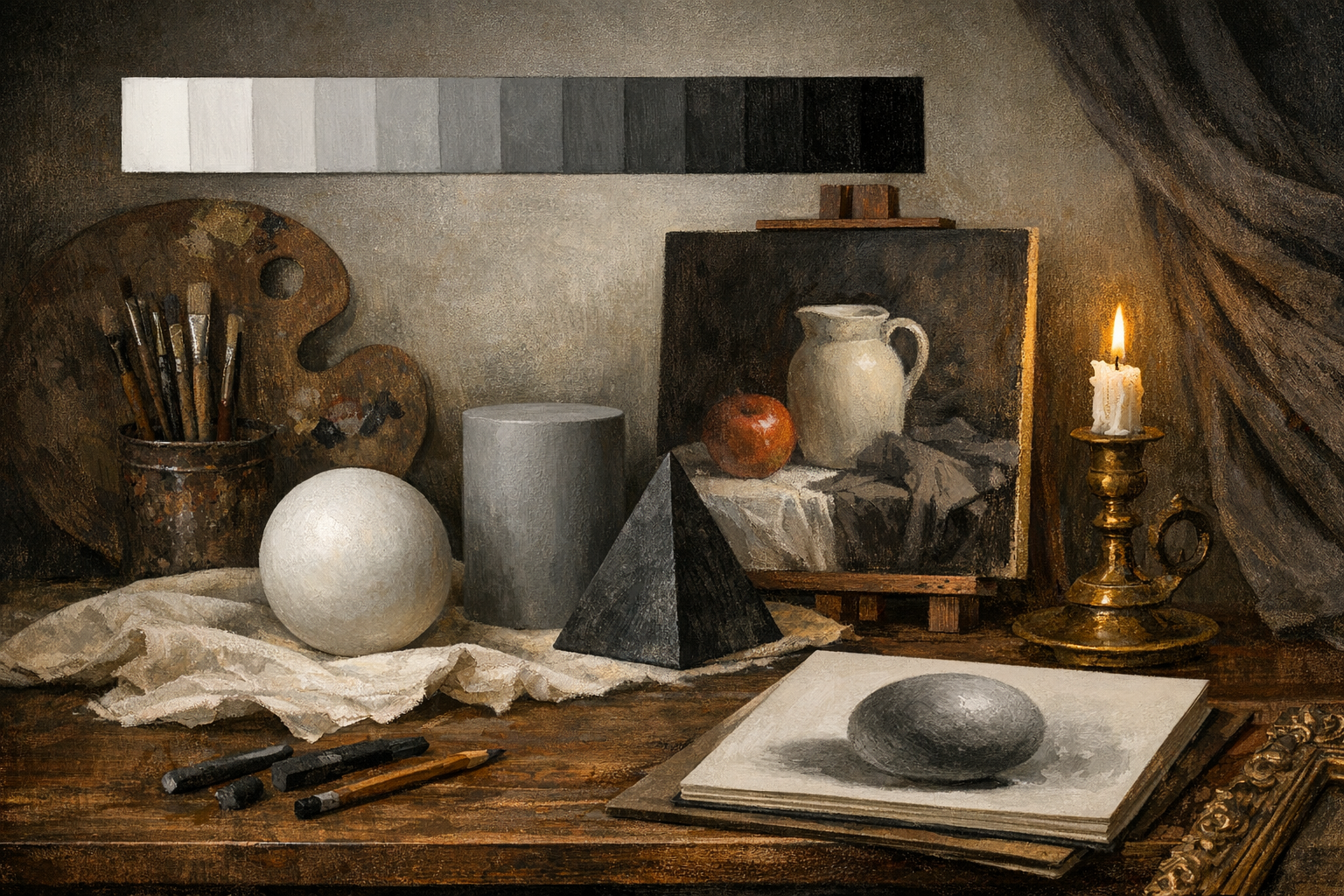 Value in art reference with tonal range, light, dark, composition, medium, photos, and appraisal context