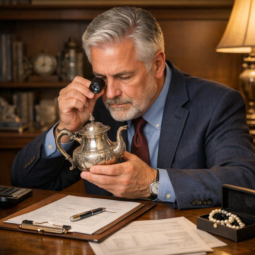Professional certified appraiser examining sterling silver antique with jeweler's loupe, clipboard and appraisal documentation on desk