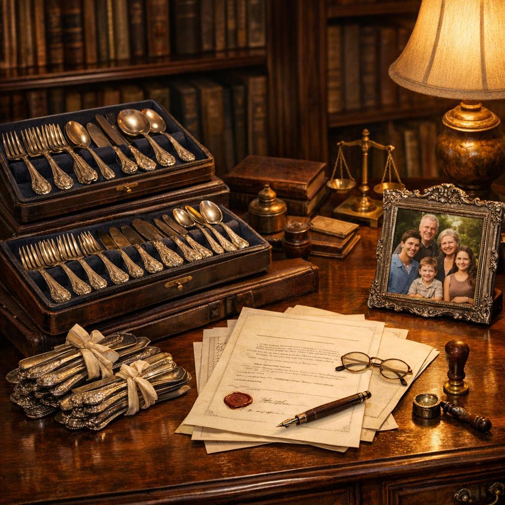 Vintage wooden desk with sterling silver flatware sets, legal documents, and family photo frame in warm library lighting