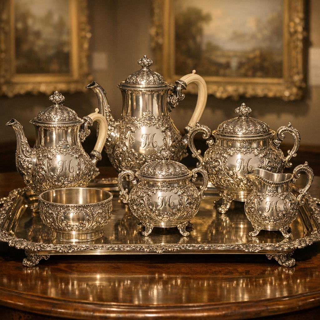 Elegant Gorham sterling silver tea service on display table with soft gallery lighting showing ornate repousse pattern and monogram