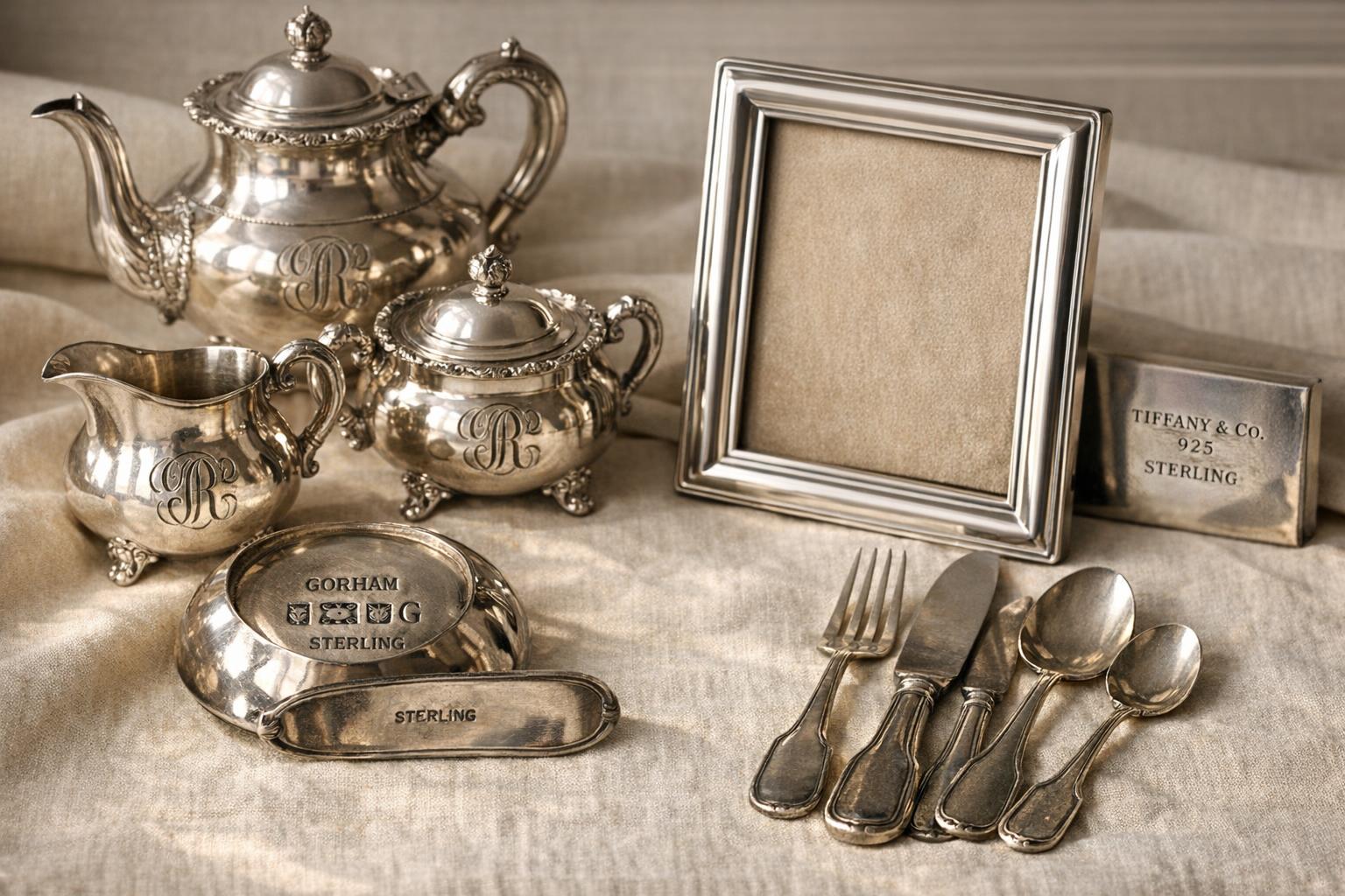 When Sterling Silver Needs a Qualified Appraisal for Donation Estate or Insurance example: Assortment of antique sterling silver items including ornate tea service, picture frame, and fiddleback flatware on cream linen with raking light revealing hallmark stamps