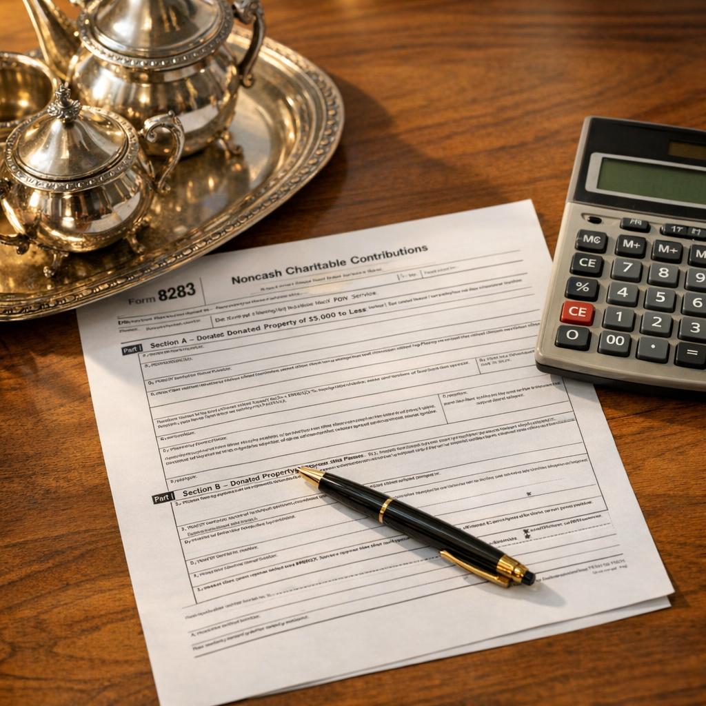 IRS Form 8283 tax document on a desk beside a sterling silver tea set and calculator representing donation appraisal requirements