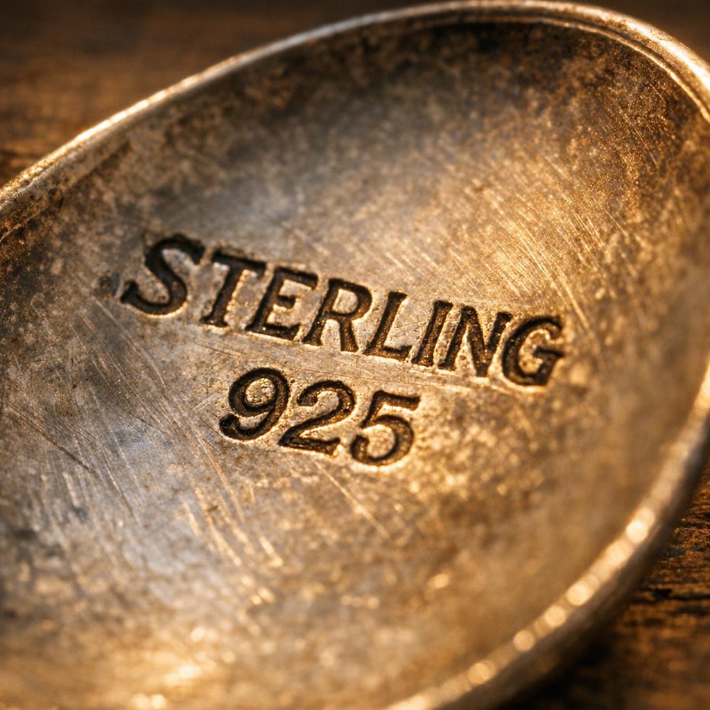 Close-up macro photograph of sterling silver hallmark stamp reading STERLING and 925 on the base of an antique spoon with warm raking light