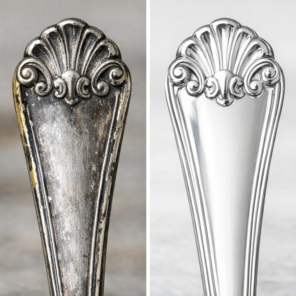 Side-by-side comparison of silver-plated flatware showing base metal at edges versus solid sterling silver piece with consistent silver throughout