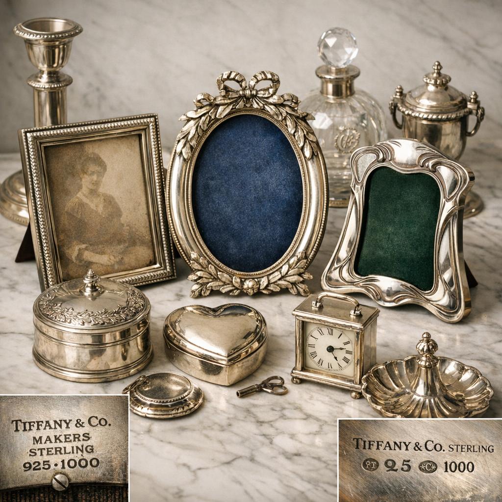 Collection of antique Tiffany and Co. sterling silver picture frames and decorative objects on marble surface showing hallmark stamps and craftsmanship details