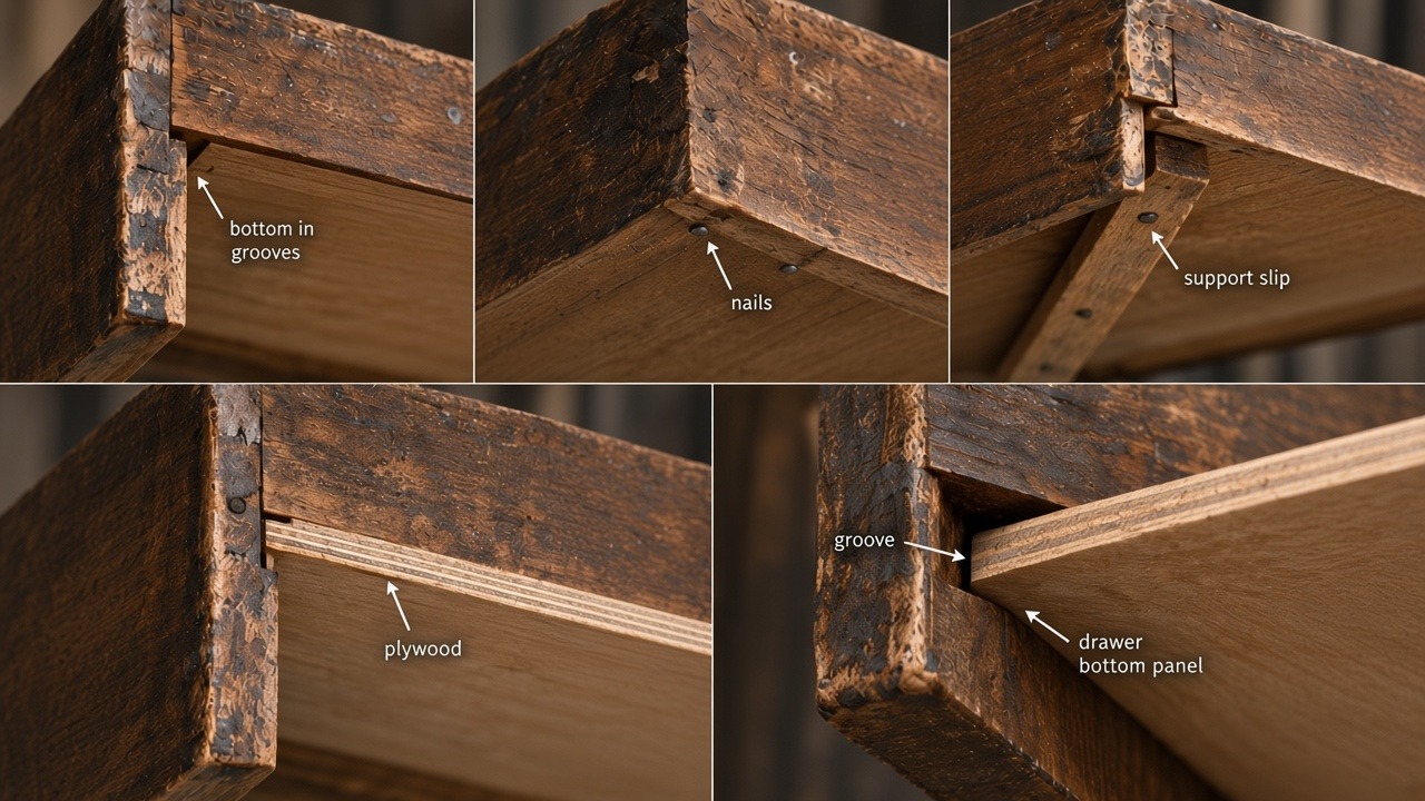 Five underside photographs of drawer bottoms in grooves, nailed, on a support slip, in plywood, and as an enlarged edge