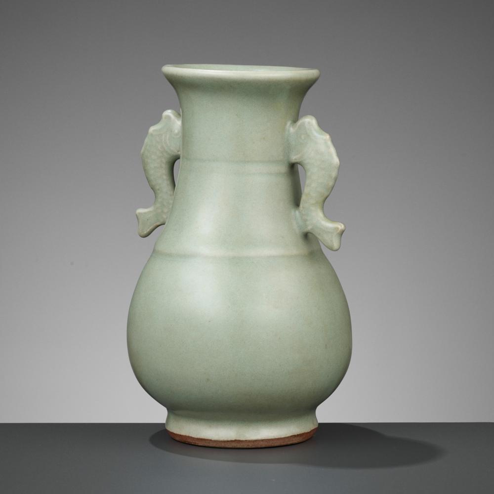 Longquan celadon twin fish vase Southern Song to Yuan auction comparable
