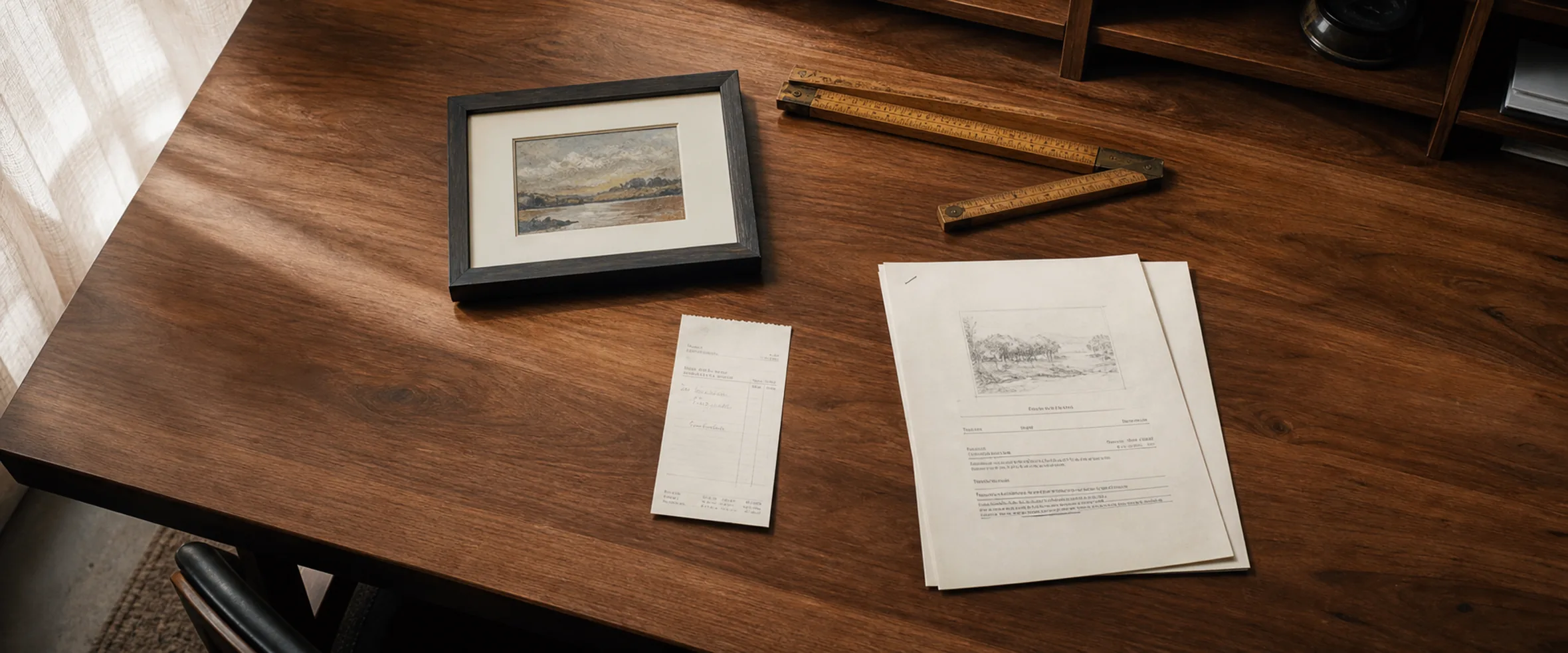 Overhead appraisal worktable with a small framed landscape, folding rule, acquisition receipt, and prior report in soft window light.