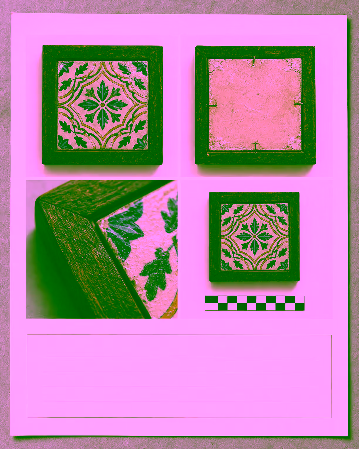 Fictional object-record specimen showing front, reverse, corner, and scale photographs of a framed ceramic tile.