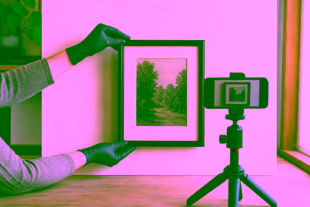 Gloved hands steadying a framed work against a neutral backdrop while a smartphone on a small tripod documents it square-on.