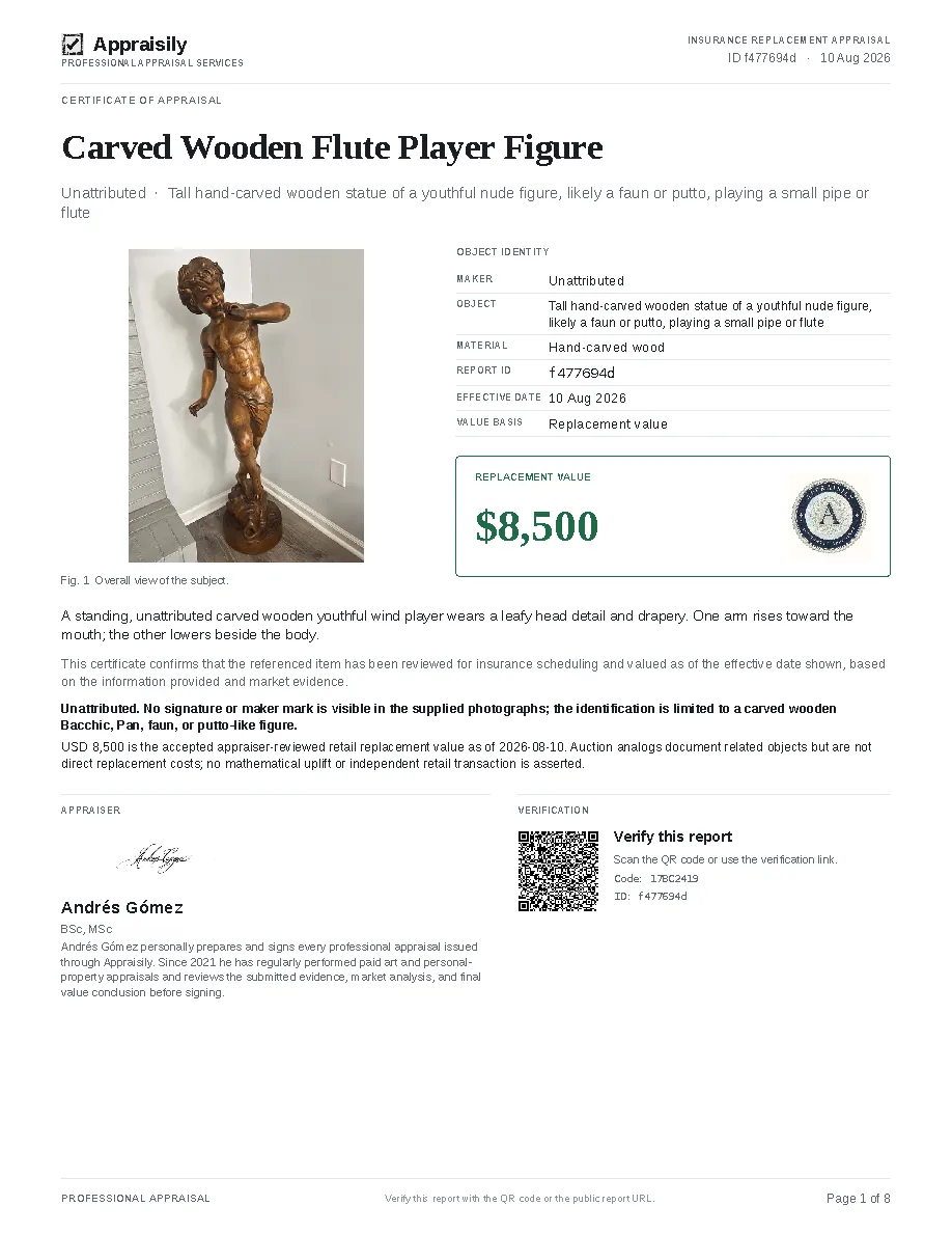 Cover of the current insurance sample PDF: carved wooden flute player and $8,500 replacement value