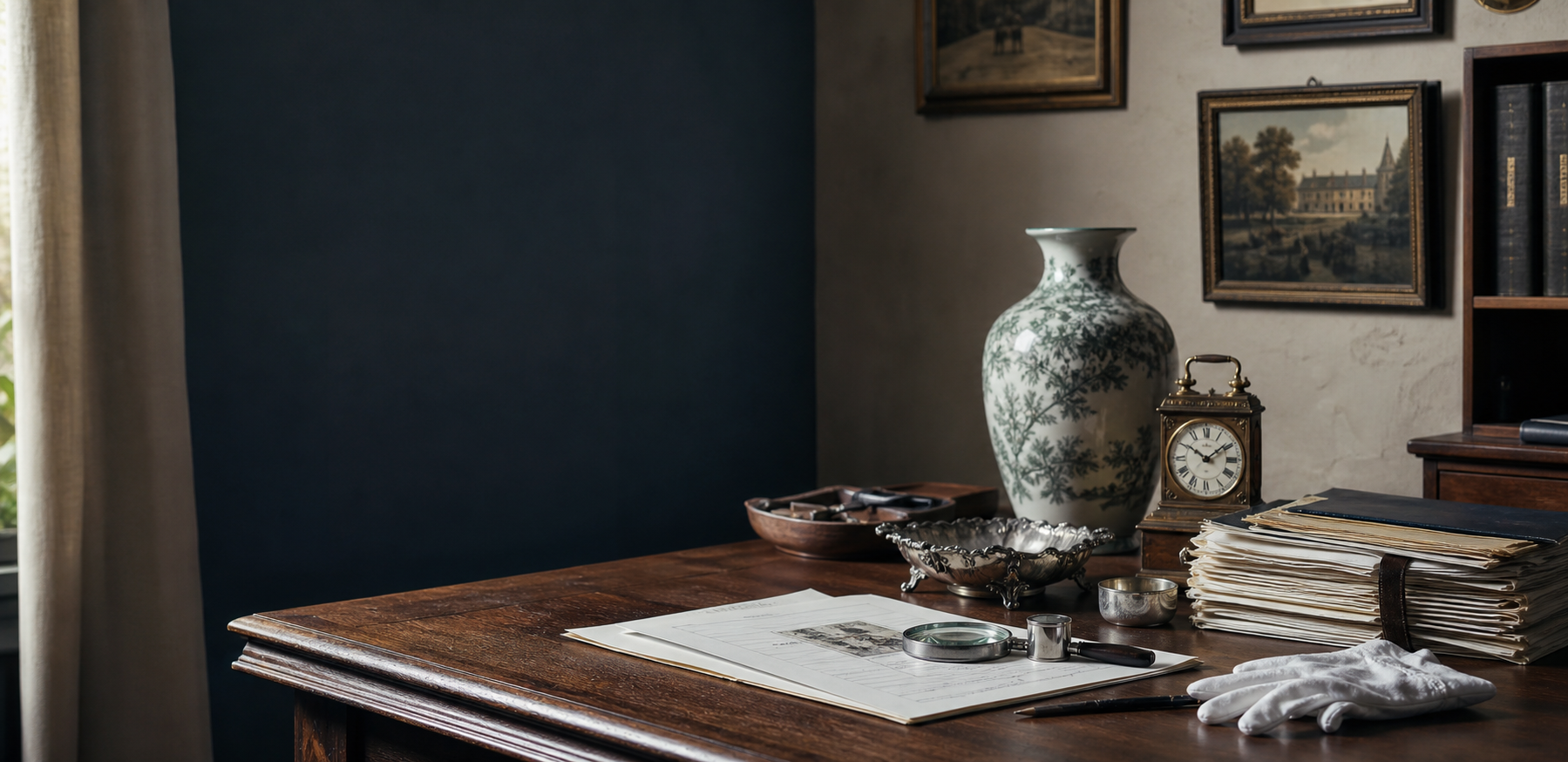 Antique appraisal office with framed art, appraisal report, loupe, gloves, clock, silver, and ceramic vase