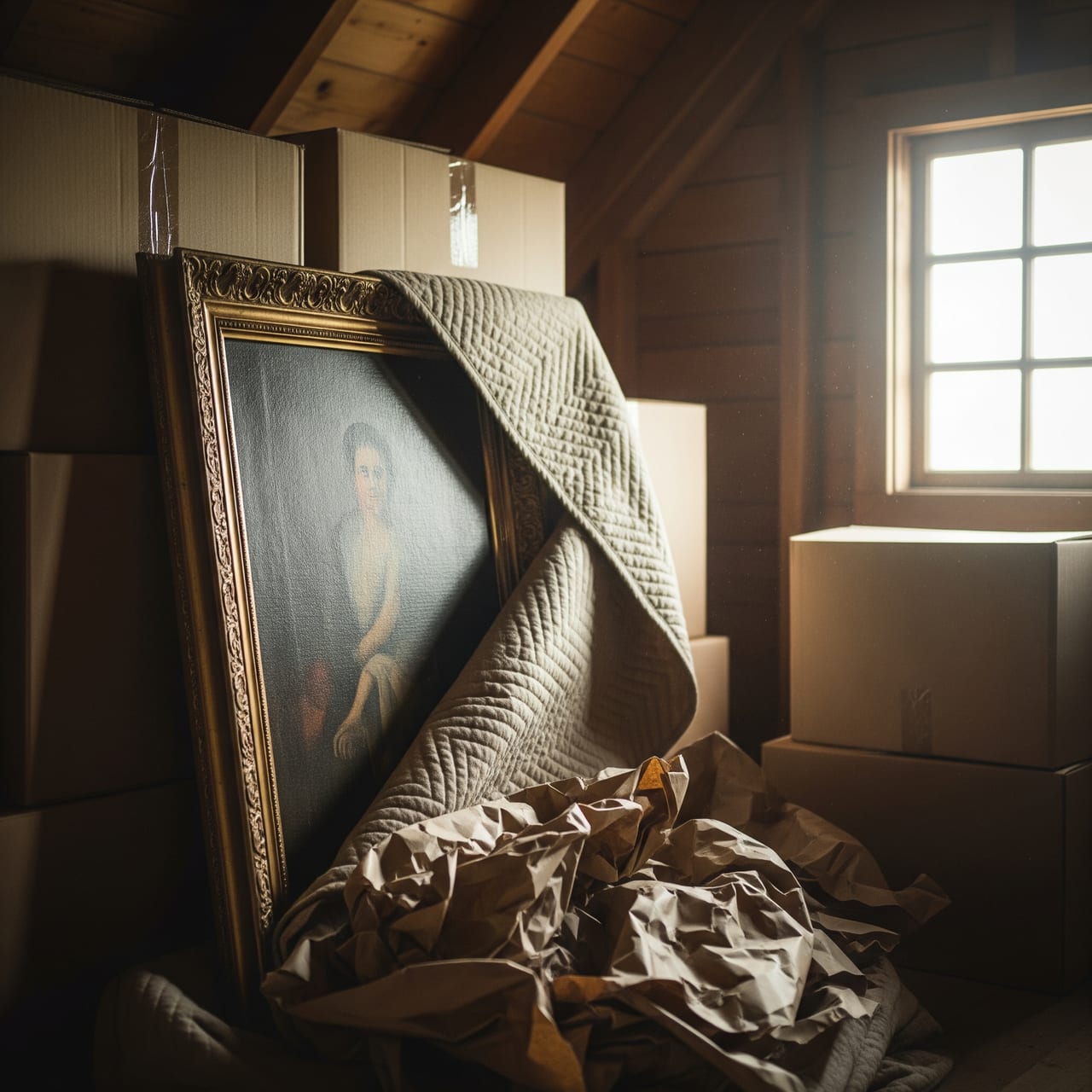 Framed antique painting half-unwrapped from a moving blanket in an attic storage room.