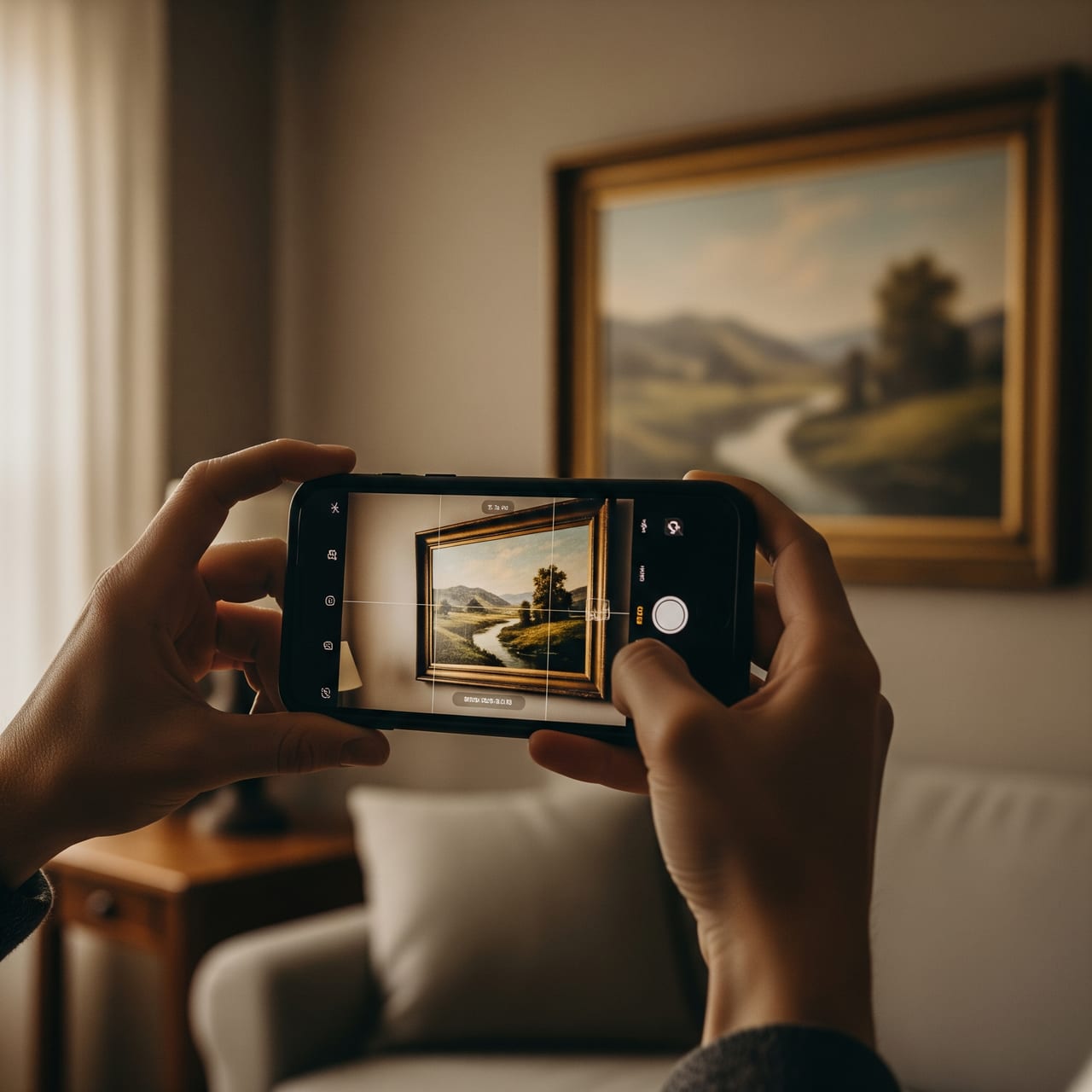 Hands holding a smartphone to photograph a framed painting on a living-room wall.