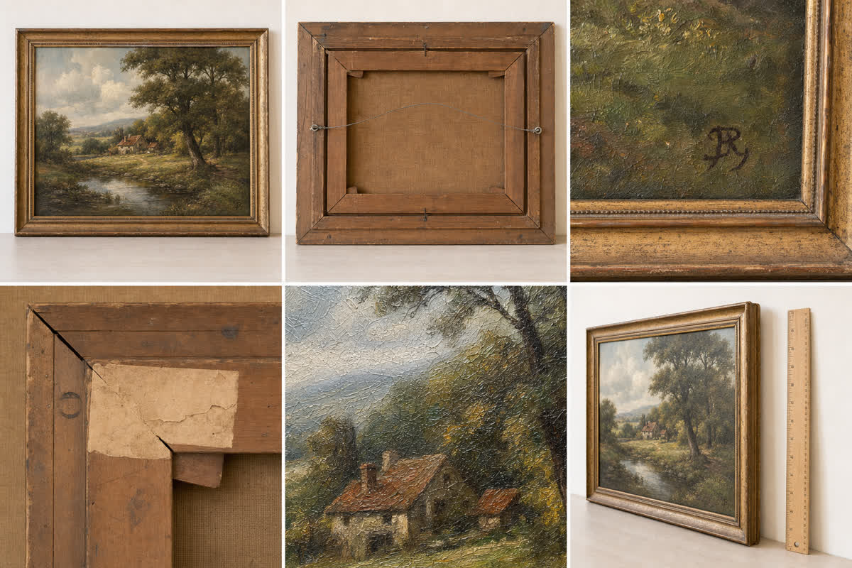 Six-view photo guide of the same framed painting: full front, full back, signature, back label, surface texture, and scale.